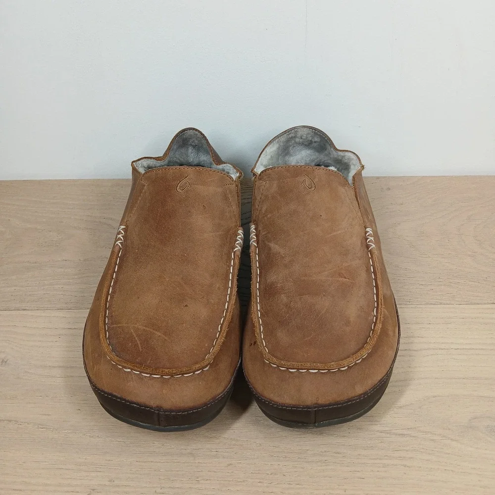 Olukai Moloa Slippers Men 12 Brown Leather Shearling Lined Moc Toe Comfort